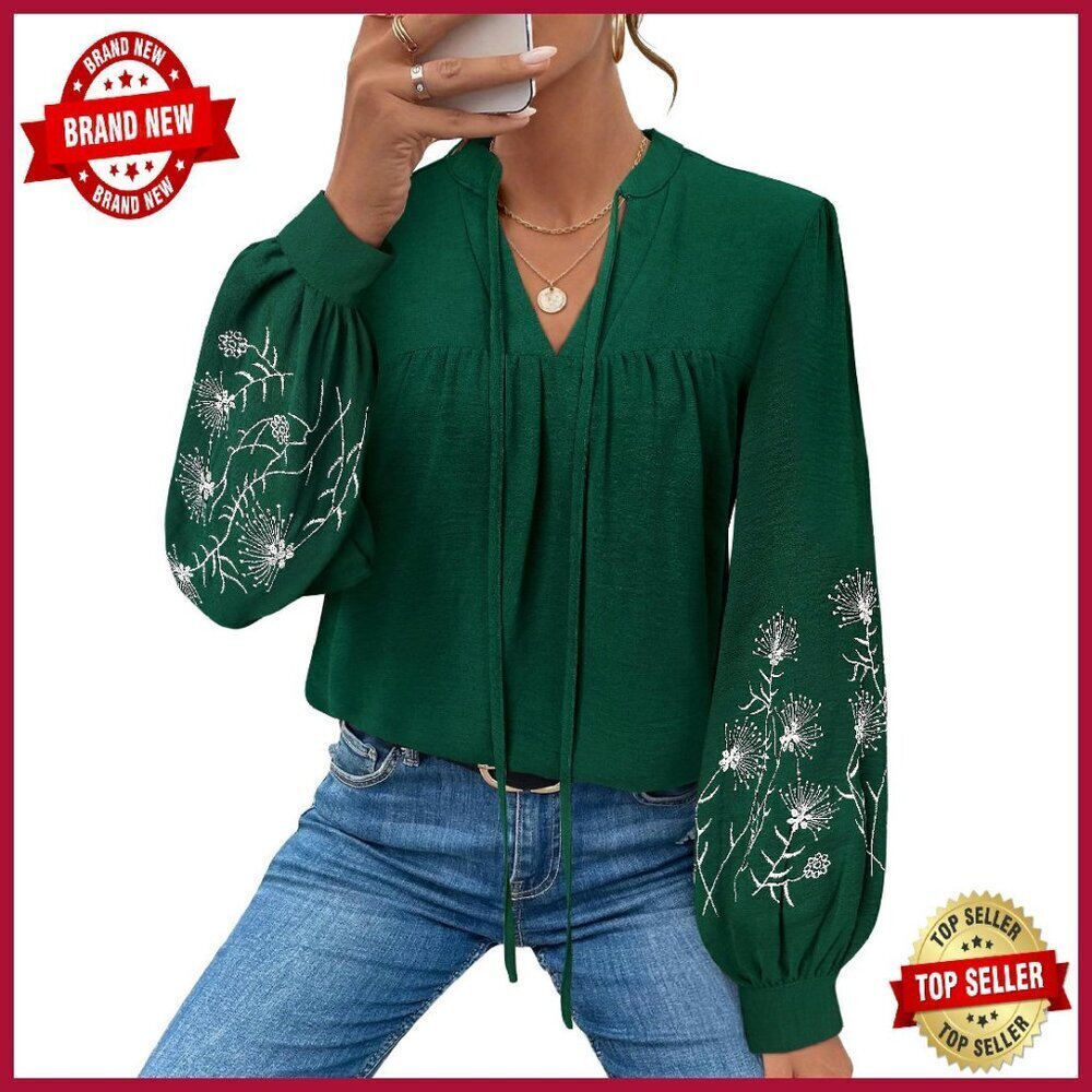 Embroidered Puff Sleeve Peplum Blouse Boho Top Loose Fit V-Neck